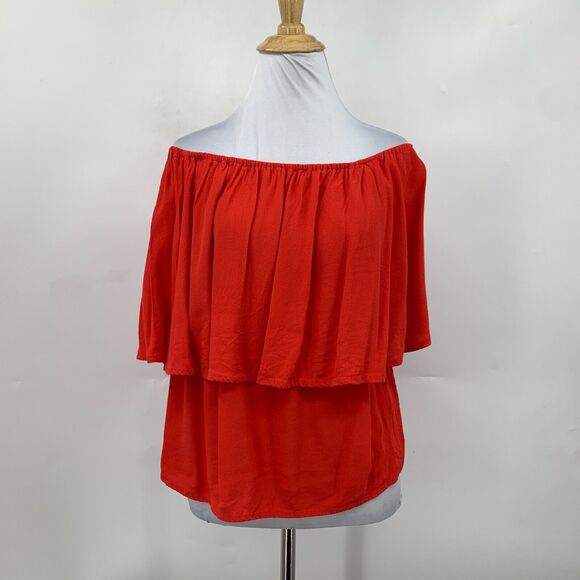 Holding Horses Top Women M Medium Anthropologie Red Ruffles Off Shoulder Overlap - Picture 2 of 14